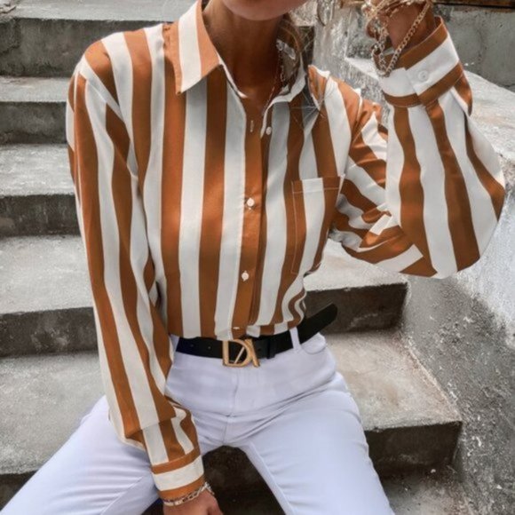 Classic Striped Button Down Blouse / Top - Picture 5 of 6
